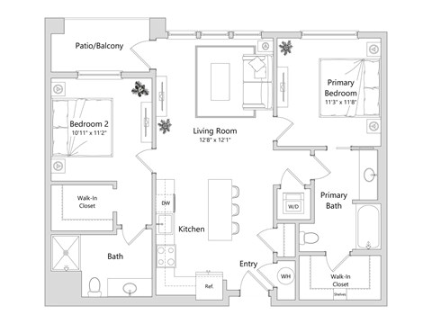 Floor plan for 2 beds, 2 baths, 1012 sqft
